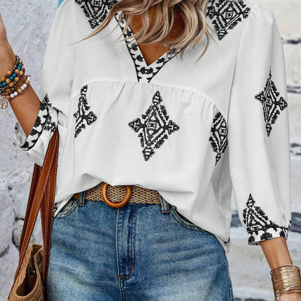 Printed V-Neck Three-Quarter Sleeve Blouse