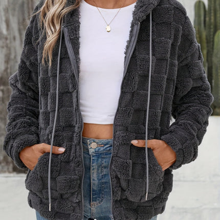 Checkered Texture Zip Up Drawstring Fuzzy Jacket