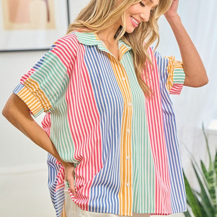 First Love Full Size Striped Button Down Short Sleeve Shirt