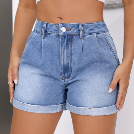 Rolled Hem Mid-Rise Waist Denim Shorts