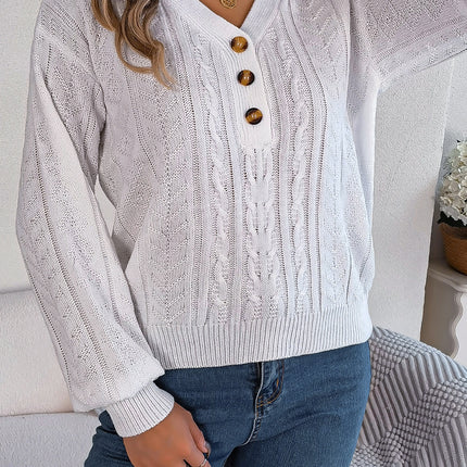 Cable-Knit V-Neck Long Sleeve Sweater