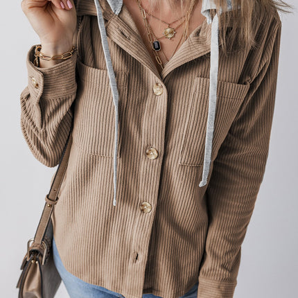 Drawstring Button Up Long Sleeve Hooded Jacket - Vickie Lynn's