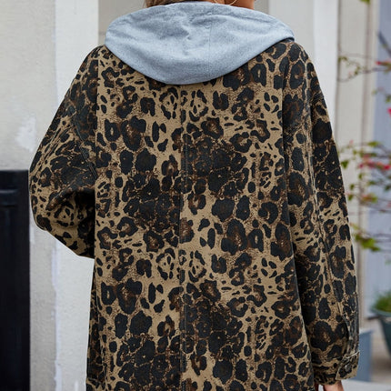 Leopard Button Up Drop Shoulder Denim Jacket