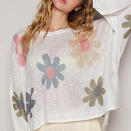 POL Flower Dropped Shoulder Long Sleeve Knit Top