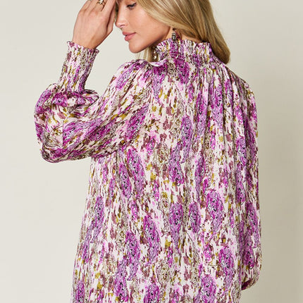 Double Take Full Size Printed Smocked Long Sleeve Blouse