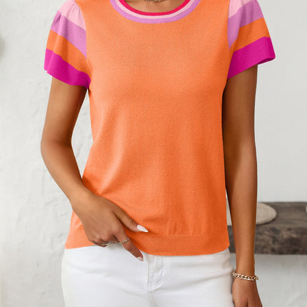 Mandy Contrast Round Neck Short Sleeve Knit Top