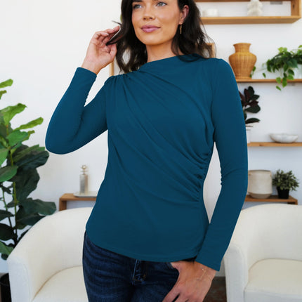 Ruched Mock Neck Long Sleeve T-Shirt