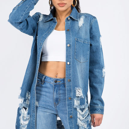 American Bazi Distressed Button Down Denim Shirt Jacket