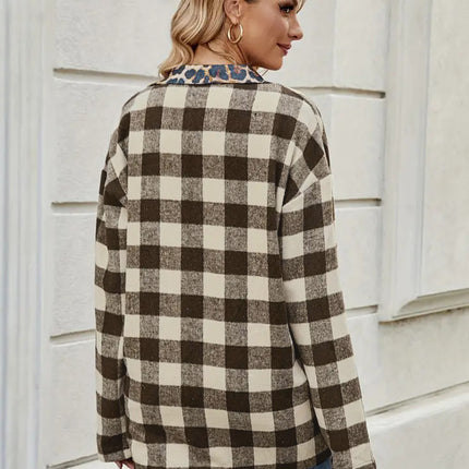 Leopard Trim Plaid Collared Neck Long Sleeve Shirt