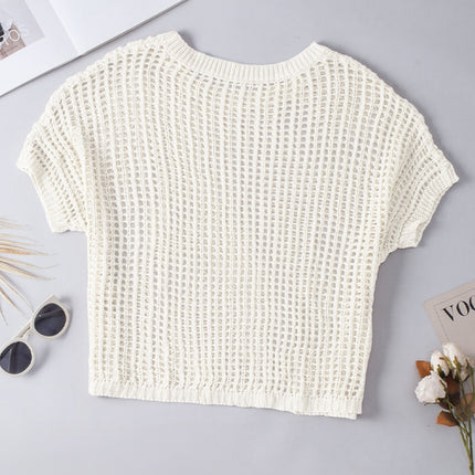 Openwork Round Neck Half Sleeve Knit Cover Up