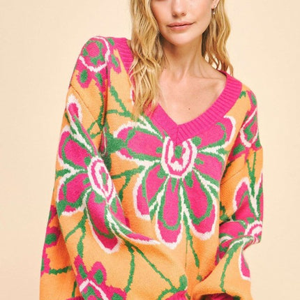 Davi & Dani Floral Contrast V-Neck Dropped Shoulder Sweater