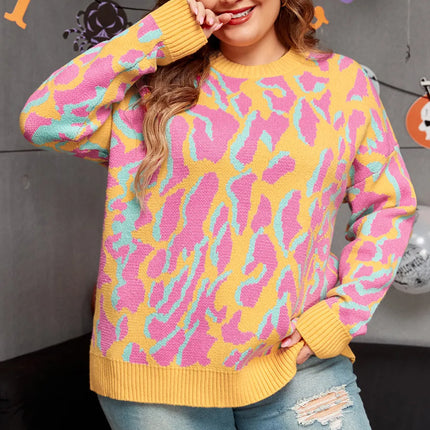 Plus Size Contrast Round Neck Long Sleeve Sweater