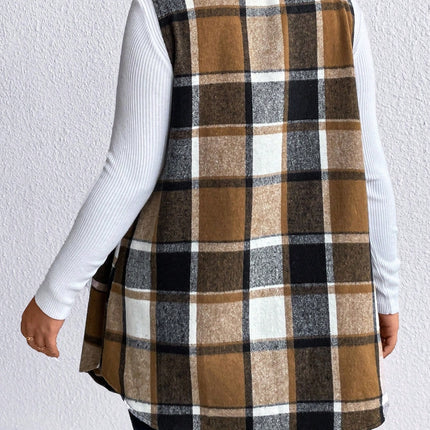 Honey Plus Size Pocketed Plaid Button Up Vest Coat - Vickie Lynn's