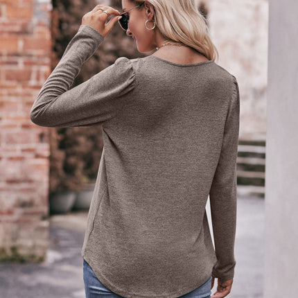 Double Take Pleated Detail Curved Hem Long Sleeve Top