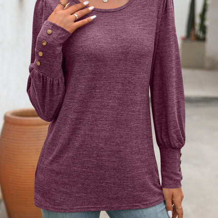 Decorative Button Round Neck Long Sleeve T-Shirt
