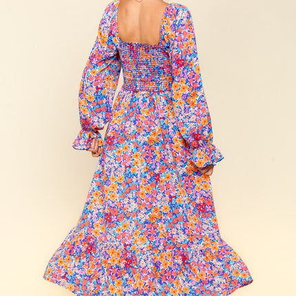 Haptics Smocked Floral Square Neck Flounce Sleeve Dress