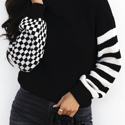 Striped & Checkered Turtleneck Dropped Shoulder Sweater