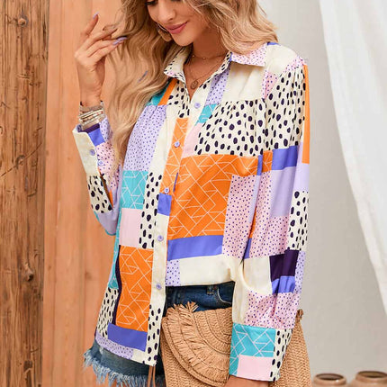 Double Take Patchwork Puff Sleeve Collared Shirt