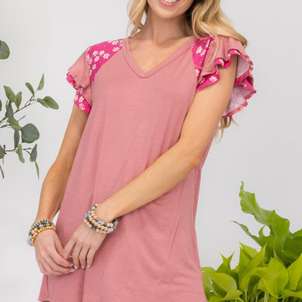 Celeste Full Size Floral Contrast Short Sleeve Top