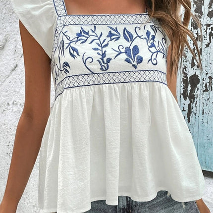 Tied Embroidered Ruffled Square Neck Cap Sleeve Blouse