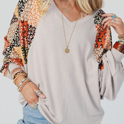 Leopard Contrast V-Neck Long Sleeve Blouse