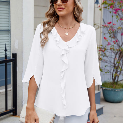 Ruffled V-Neck Three-Quarter Sleeve Blouse