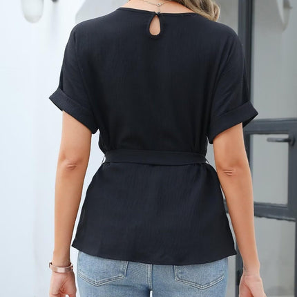 Tied Pleated Round Neck Short Sleeve Top