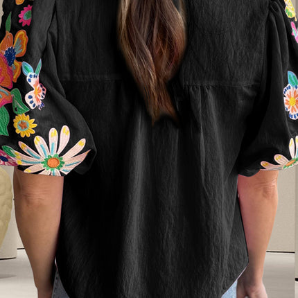 Embroidered Tie Neck Half Sleeve Blouse