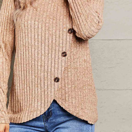 Double Take Ribbed Round Neck Buttoned Long Sleeve Tee