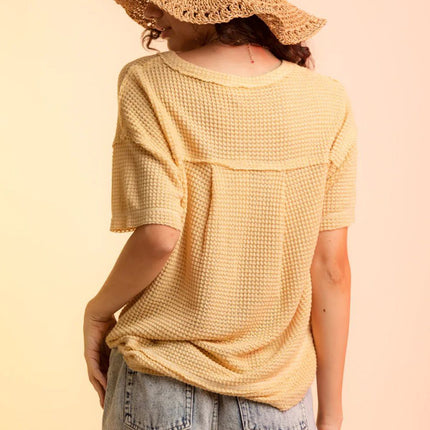 Waffle-Knit Notched Half Sleeve T-Shirt