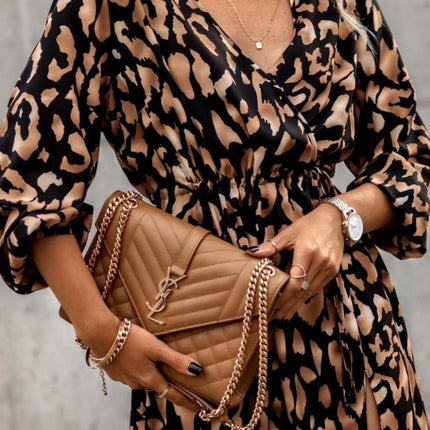 Slit Printed Surplice Long Sleeve Dress