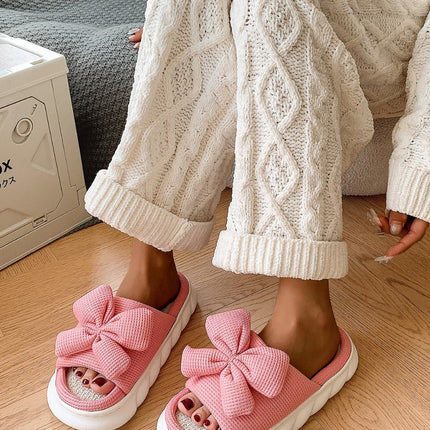 Bow Waffle-Knit Platform Slippers