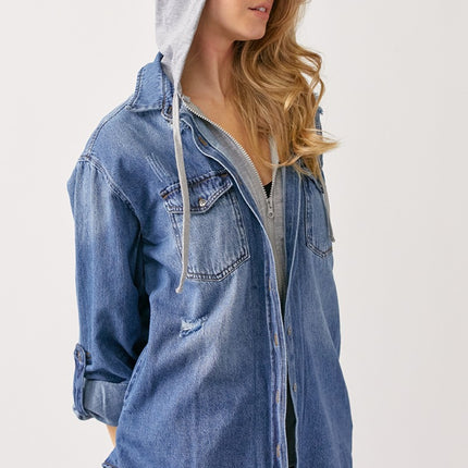 RISEN Zip Up Hooded Denim Shirt