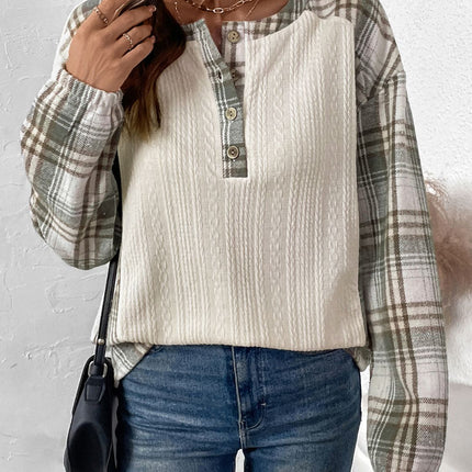 Perfee Plaid Half Button Long Sleeve T-Shirt