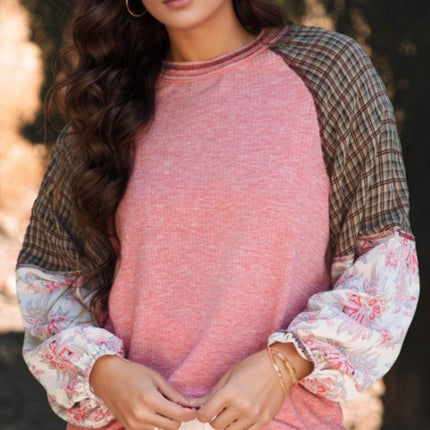 Plaid Floral Patchwork Round Neck Long Sleeve Top