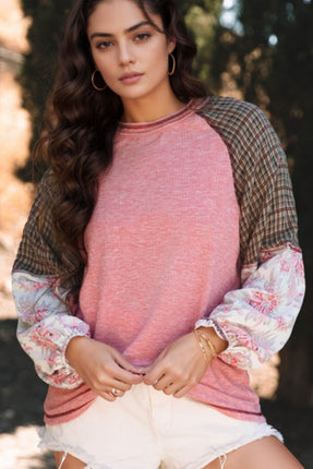 Plaid Floral Patchwork Round Neck Long Sleeve Top