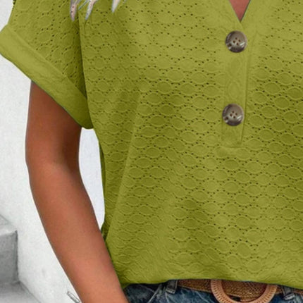 Eyelet Notched Short Sleeve Blouse