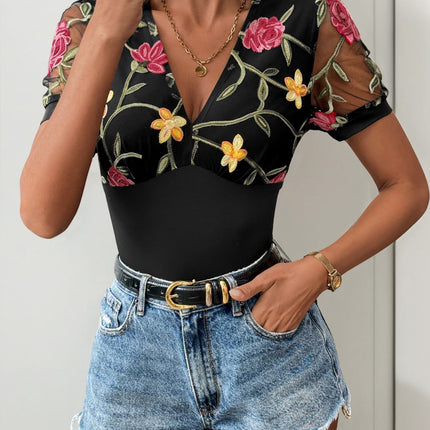 Perfee Embroidered V-Neck Floral Bodysuit