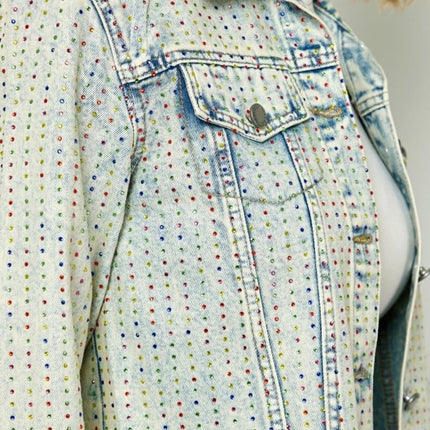 Veveret Multi Color Stripe Rhinestone Raw Hem Denim Jacket