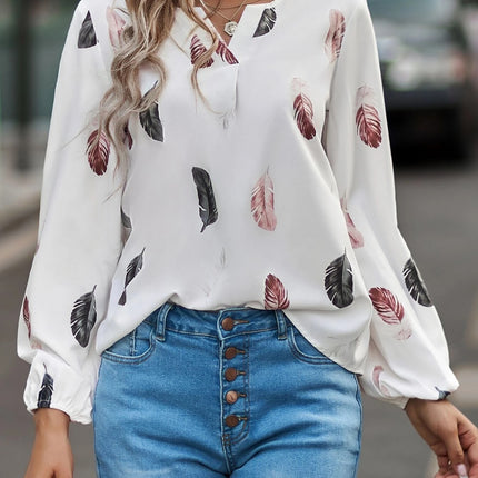 Feather Print Notched Balloon Sleeve Top