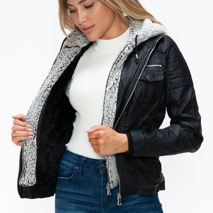 YMI Removable Faux Layered Multi-Pocket Jacket with Fuzzy Hood