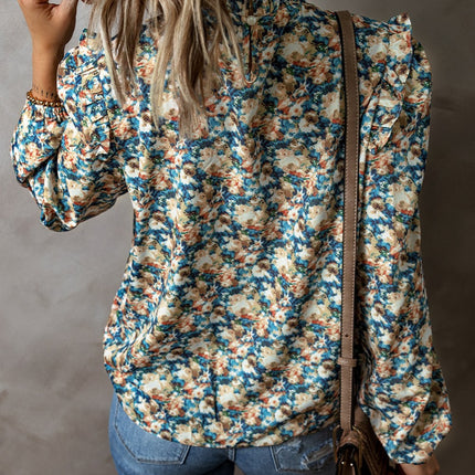 Frill Printed Mock Neck Long Sleeve Blouse