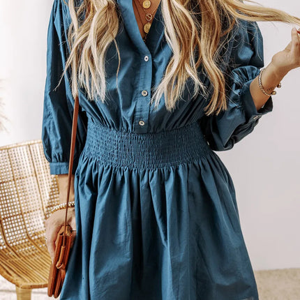 Smocked Half Button Three-Quarter Sleeve Mini Dress