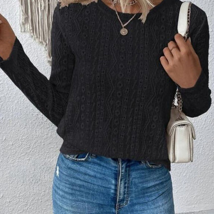 Eyelet Round Neck Long Sleeve Blouse