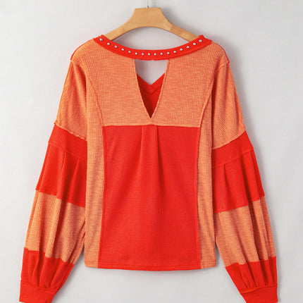 Studded Waffle-Knit V-Neck Long Sleeve Top