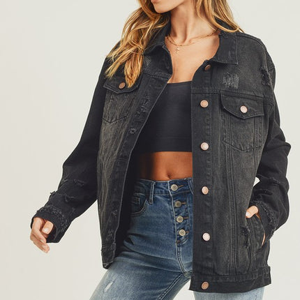 RISEN Full Size Distressed Long Sleeve Denim Jacket