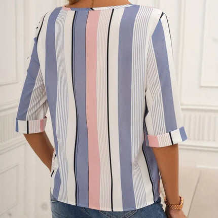 Full Size Contrast Stripes Round Neck Half Sleeve Blouse