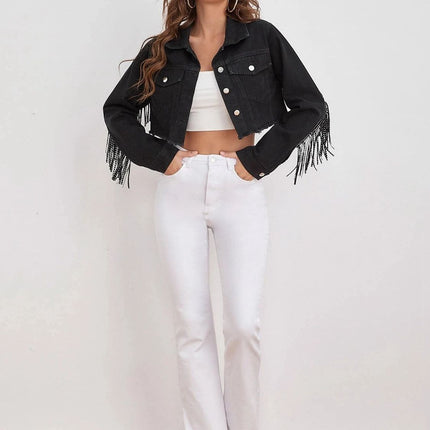 Fringe Detail Collared Neck Cropped Denim Jacket