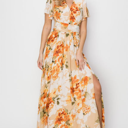 HYFVE Floral Tie Back Short Sleeve Slit Maxi Dress