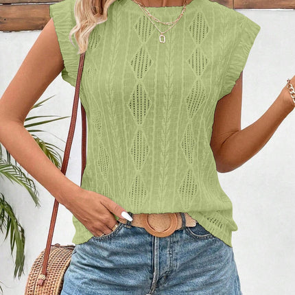 Openwork Round Neck Cap Sleeve Top